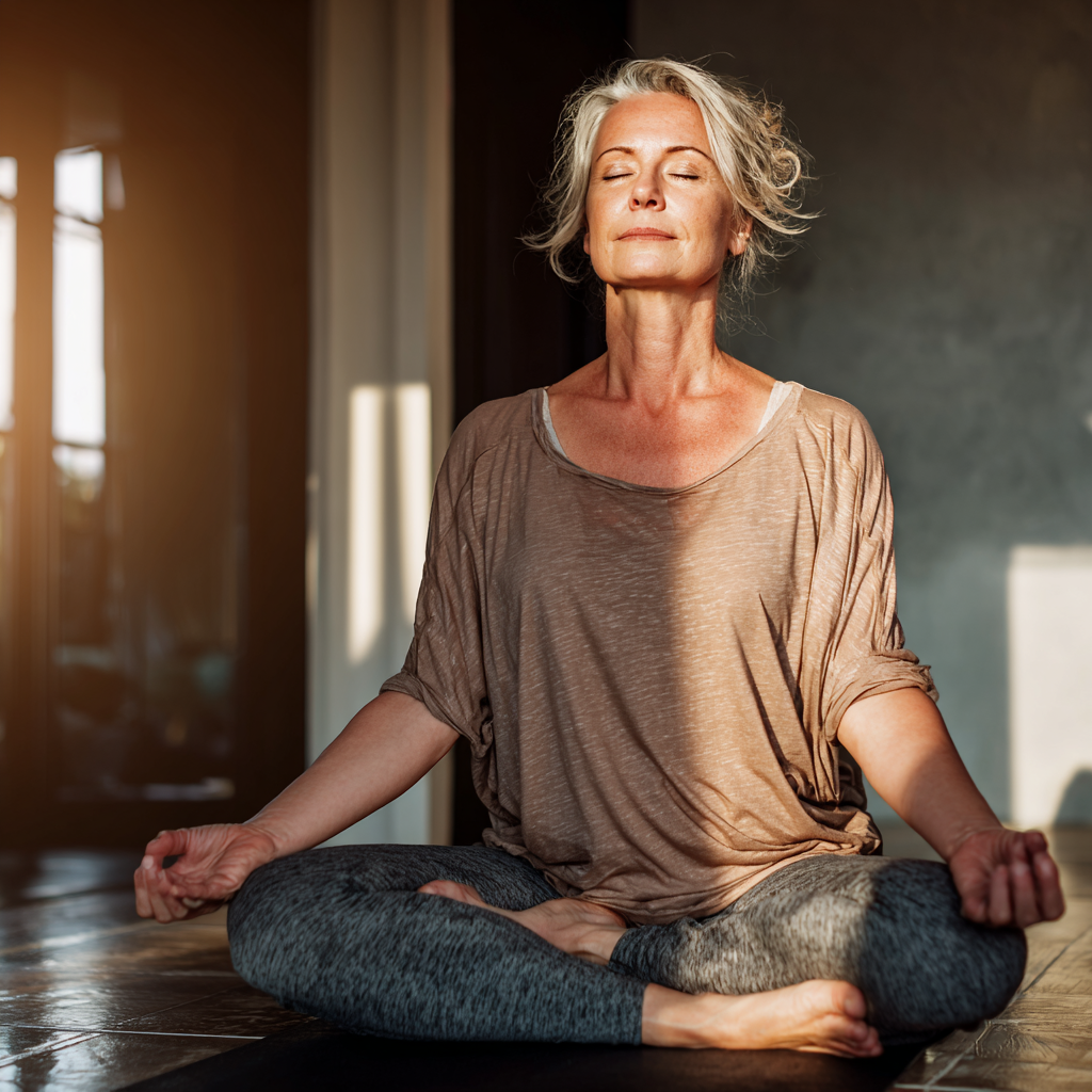 Middle-aged woman practicing gentle yoga poses in natural light