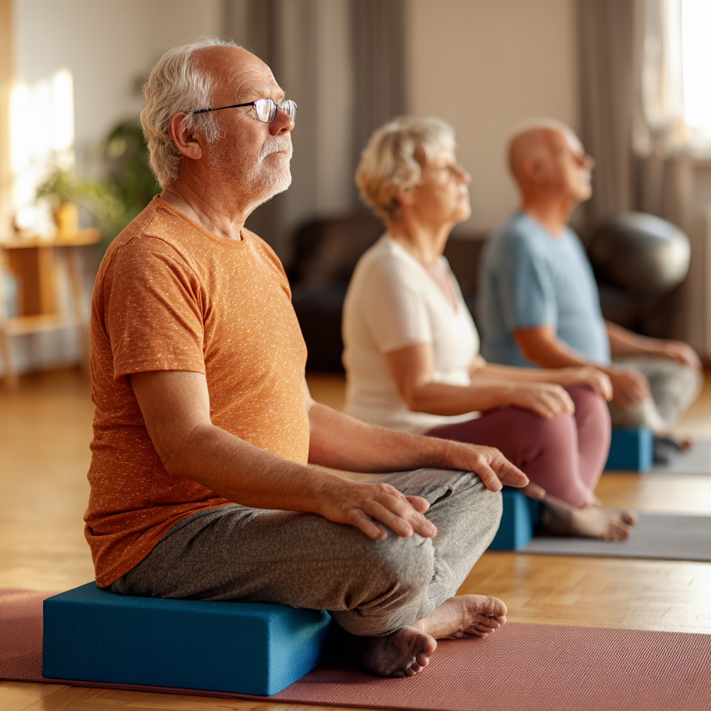 Older adults practicing supported restorative yoga poses with props